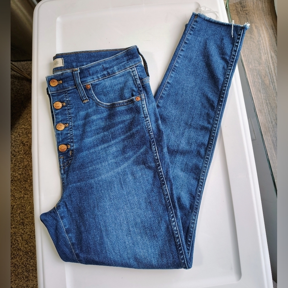Madewell 10" high-rise exposed buttons fly frayed hem Jeans dark Blue sz 30/28. - Picture 3 of 16